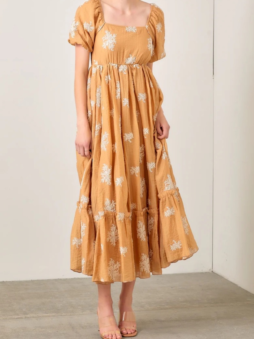Polagram - Embroidered Bubble Sleeve Maxi Dress - Size M - Color Camel